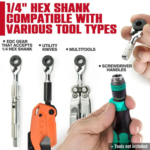 EDC Mini Ratchet Wrench With One Quarter Inch Hex End And Bit Holder For Quick Bit Changes, compatible with tools