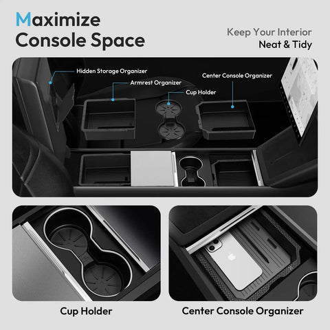 Tesla Center Console Organizer Tray for Model Y Juniper 2025-2026 and Model 3 Highland 2024-2026 with smooth slide and custom fit
