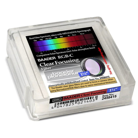 Clear Focusing Filter 1.25 Inch for Telescopes in packaging, optically polished, helps lock focus before filter swap for narrowband use