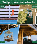 Six Pack 6 Inch Vinyl Fence Hooks White Powder Coated Steel Hangers holding cord, bird feeder, birdcage, and lantern