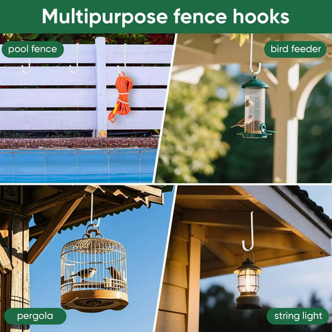 Six Pack 6 Inch Vinyl Fence Hooks White Powder Coated Steel Hangers holding cord, bird feeder, birdcage, and lantern