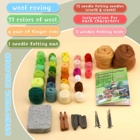 9 Piece Succulent Needle Felting Kit For Beginners With Wool Roving, Felting Pad, Needles, And Step By Step Instructions For DIY Craft