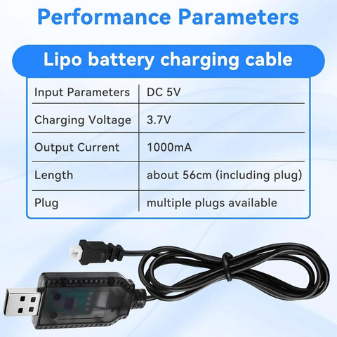 Two-Pack 3.7V 1800mAh LiPo Battery With JST 2.0 Plug Includes 1A USB charger cable and performance parameters chart