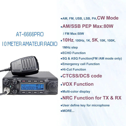 Heavy Duty 80W Ham Radio for Truckers, 10 Meter Mobile Rig with FM 50W, AM SSB CW USB LSB, PA Modes, Display and Controls