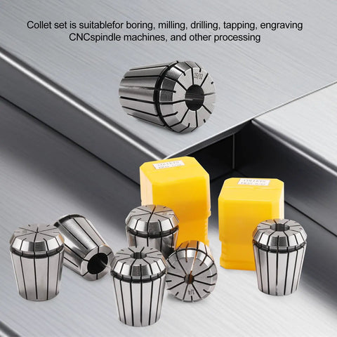 15 Piece ER11 Collet Set For CNC Milling Engraving And Lathe Tools, showing collets on a metal surface with yellow boxes