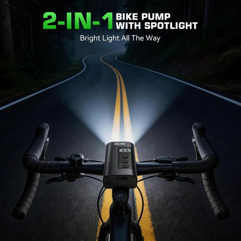 2 In 1 Mini Electric Bike Pump With LED Headlight And Digital Gauge mounted on bike handlebars at night