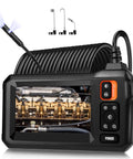 Dual Lens Endoscope 1080P Borescope with 32.8ft cable and 4.3-inch LCD showing engine parts for diagnostics
