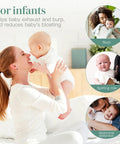 Mother holding smiling baby for infant care with chest percussion cups mucus removal device.