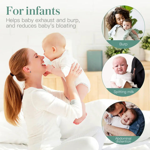 Mother holding smiling baby for infant care with chest percussion cups mucus removal device.