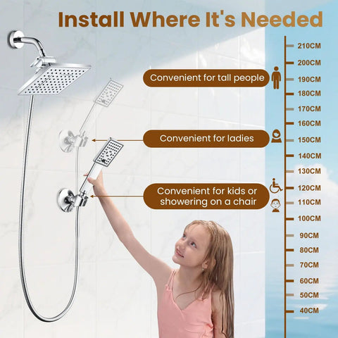 Dual Shower Heads System With 8 Inch Square Rain Shower Head And Handheld Spray High Pressure Rainfall 60 Inch Hose 3 Way Diverter