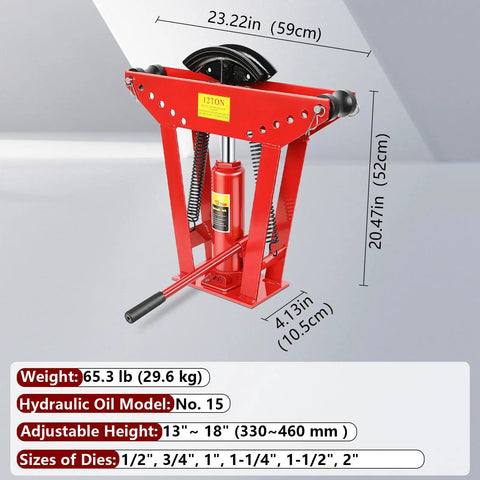 Heavy Duty 12 Ton Manual Hydraulic Pipe Bender With Six Adjustable Roller Dies For Precision Copper Tubing Bending, dimensions shown.