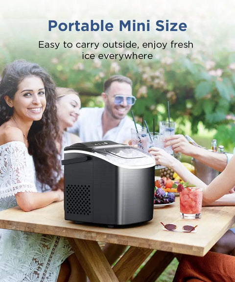 Portable Countertop Ice Maker With No Fuss Self Cleaning on table outdoors with friends enjoying drinks and snacks