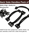 Pack of 4 black matte metal gate handles with screws for doors and gates. High-quality iron, vintage style, shown on white background.