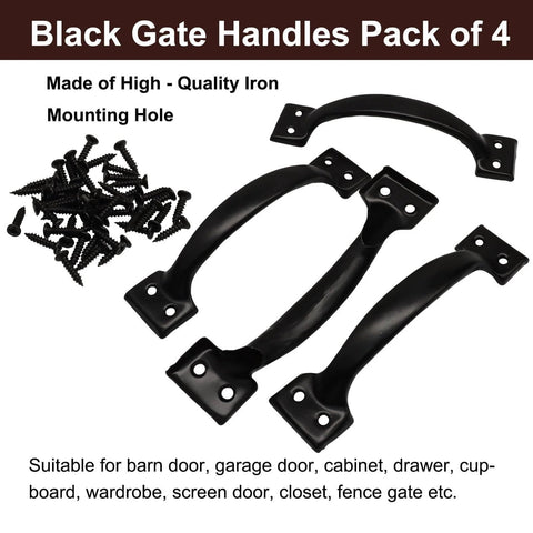 Pack of 4 black matte metal gate handles with screws for doors and gates. High-quality iron, vintage style, shown on white background.