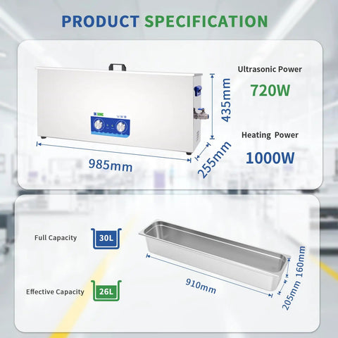 Product specification image for Garage Ready 30 Liter Ultrasonic Cleaner With Heater And Timer showing dimensions and details.