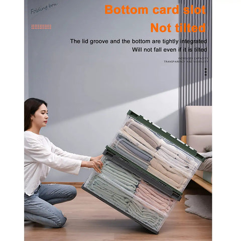 Woman organizing folded clothes in Heavy Duty Collapsible Storage Bins With Lids Super Sturdy Plastic Folding Crate.