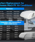 RV Air Conditioner Fan Motor With Capacitor Replacement showing compatibility with Coleman Mach series 6000 & 8000