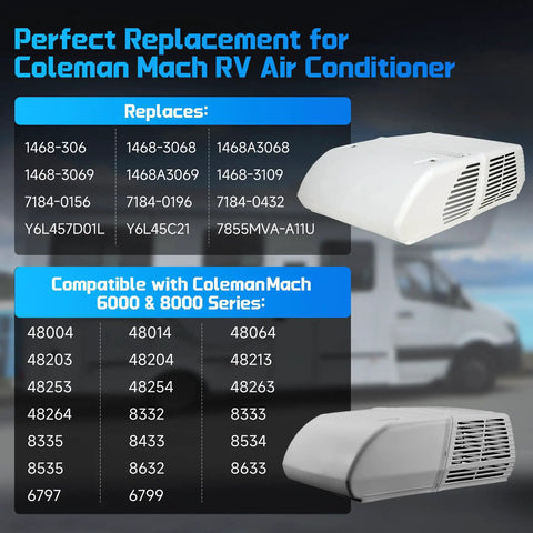 RV Air Conditioner Fan Motor With Capacitor Replacement showing compatibility with Coleman Mach series 6000 & 8000