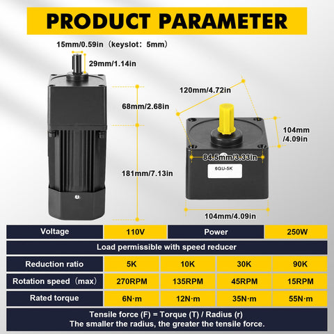 Heavy Duty 250W AC Gear Reducer Motor With Gearbox And Bracket, dimensions and specifications displayed