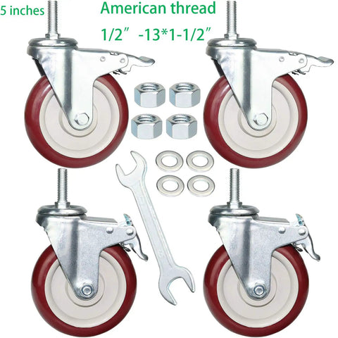 Bad Boy Heavy Duty 5 Inch Swivel Stem Casters 900 Lbs Capacity 360 Slick Rolling Wheels With Dual Safety Locks For Utility Carts And Gear Transfers Pack Of Four Bold Red including mounting hardware and wrench.