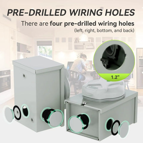 Pre Drilled 50 Amp Generator Inlet Box With Nema Ss2 50P Socket showing four pre-drilled wiring holes for easy installation.