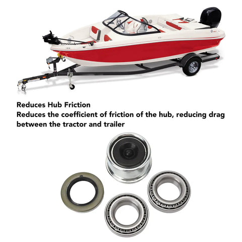 BeefedUp Heavy Duty Trailer Wheel Hub Bearings Kit displayed with a boat trailer, showing L44643 and L44610 bearings and components.