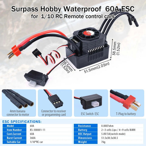 All Weather 3660 2350Kv Brushless Motor And 60A ESC Combo, waterproof ESC with 3.175mm shaft for 1/10 RC cars and trucks.