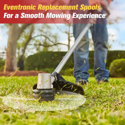 Close-up of a weed eater with an auto-feed string line cutting grass, featuring Eventronic replacement spools for efficiency.