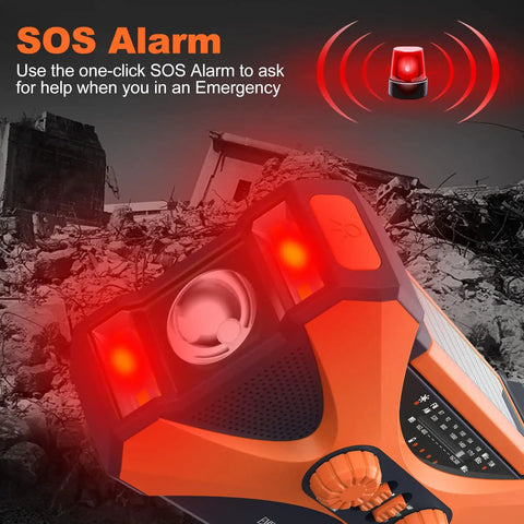 Legit Badass Emergency Radio With 10000mAh Power Bank Solar Hand Crank Am Fm Noaa Receiver Led Flashlight Sos Siren showing SOS alarm feature.
