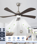 52" 5PCS Solid Wood Blades Ceiling Fan with Lights Remote Control, Nickel, showcasing fan design and remote features.