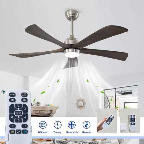 52" 5PCS Solid Wood Blades Ceiling Fan with Lights Remote Control, Nickel, showcasing fan design and remote features.