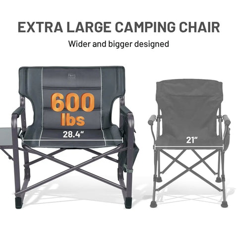 Oversized Directors Chair With Foldable Side Table And Detachable Pocket Heavy Duty Camping Chair up to 600 lbs gray front view