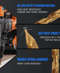 Close-up of 29 Piece Pro Grade HSS Stepped Point Drill Bit Set With Titanium Coating showing drill tip and spiral grooves