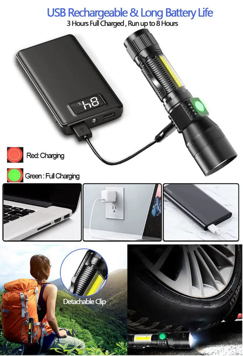 Rechargeable UV Black Light Flashlight 3in1 Tactical LED With Red Light 2000 Lumens 7 Modes shown charging via USB