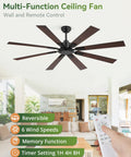 65 Inch Outdoor Ceiling Fan With Remote No Light Damp Rated Black Modern Design 6 Speed Reversible DC Motor Humidity Resistant