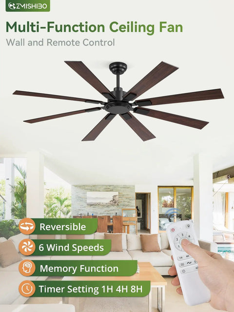 65 Inch Outdoor Ceiling Fan With Remote No Light Damp Rated Black Modern Design 6 Speed Reversible DC Motor Humidity Resistant