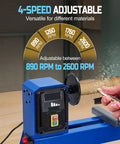 Benchtop wood lathe, blue, with front control panel; hand guiding a turning tool against a log on the spinning spindle.