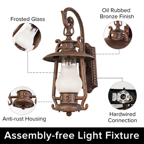 Large Rustic Lantern Outdoor Wall Sconce In Vintage Rust, Weatherproof 110V Lighting Fixture With Frosted Shade, Oil Rubbed Bronze, UL Listed