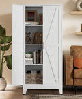 Huge 61 Inch Farmhouse Pantry Cabinet With Two Barn Doors, White Finish, open showing storage tiers and adjustable shelves