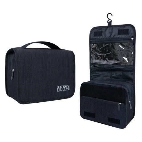 Big Capacity Hanging Hook Travel Toiletry Bag Waterproof Cosmetic Organizer For Men And Women in black, unfolded with multiple compartments.