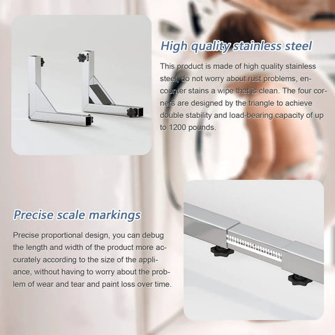 Close-up of heavy duty all stainless steel mobile fridge stand base with wheels showcasing adjustable scale markings for precise sizing.