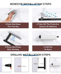 Installation steps for No Drill Under Cabinet Paper Towel Holder With Self Adhesive Wall Mount, includes adhesive and drilling options.