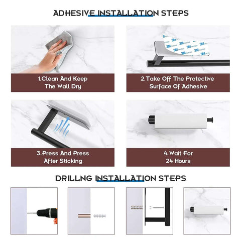 Installation steps for No Drill Under Cabinet Paper Towel Holder With Self Adhesive Wall Mount, includes adhesive and drilling options.