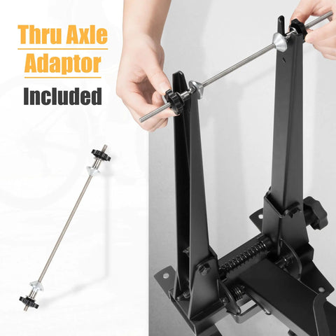 Hand adjusting Bicycle Wheel Truing Stand For Precise Rim Alignment With Beefy Heavy Duty Base and thru-axle adaptor