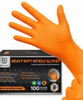 Rock Solid 8 Mil Orange Nitrile Work Gloves 100 Pack Medium Chemical Resistant Disposables For Tradesmen And Industrial Jobs showing grip and fit.