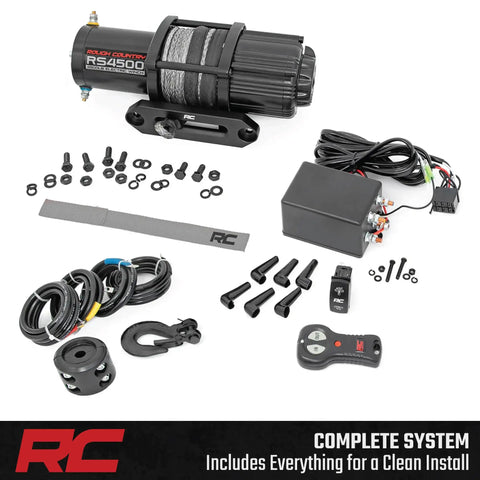 Rough Country 4500 Lb ProSeries Winch For Utv And Atv With Fifty Ft Synthetic Rope 1.4HP Motor 12V waterproof remote and accessories.