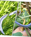Close-up of Two Piece Durable Mowing Sickle Garden Tool Set For Weeding, Harvesting, And Cultivation in use on grass and pumpkin stem.