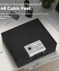 Hideable Money Safe Box With Carry Handle Fire Resistant Home Safe For Cash Jewelry And Documents Sturdy Steel Security Box With Digital Lock Portable Metal Safe For Personal Items Black on a table with digital lock visible