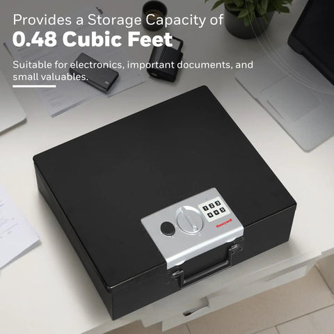 Hideable Money Safe Box With Carry Handle Fire Resistant Home Safe For Cash Jewelry And Documents Sturdy Steel Security Box With Digital Lock Portable Metal Safe For Personal Items Black on a table with digital lock visible