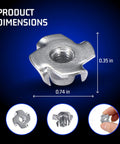 Stainless Steel T Nuts Quarter Twenty Inch 25 Pack Anti Corrosion Threaded Inserts Four Prong Tee Nut dimensions.